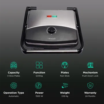 Croma 1500W 4 Slice 3-in-1 Sandwich Maker with Automatic Operation (Black) (OPENBOX)