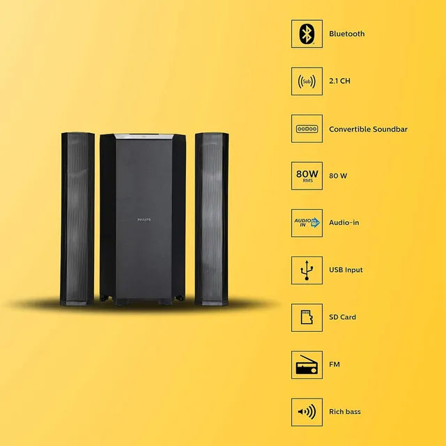 PHILIPS 80W Multimedia Speaker (High Fidelity Sound, 2.1 Channel, Black) (OPENBOX)