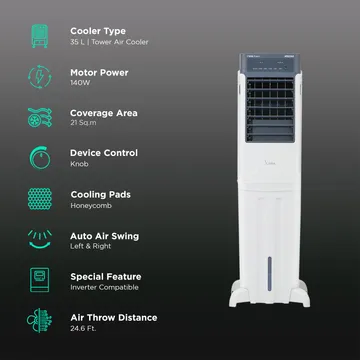 VOLTAS Slimm T 35 Litres Tower Air Cooler with Handy Touch Controls (Inverter Compatible, White & Grey) (OPENBOX)