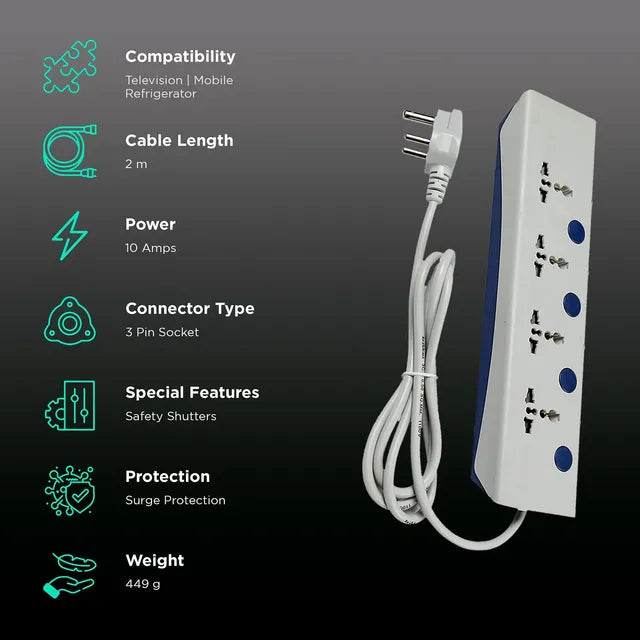 HAVELLS Royal Star 10 Amps 4 Sockets Plus 4 Surge and Spike Guard (2 Meters, Surge Protection, AHNKXXB104, Grey)-OPEN BOX
