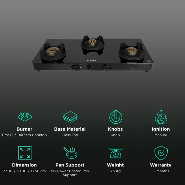 Faber Onyx 3BB BK CI Glass Top 3 Burner Manual Gas Stove (Scratch Resistance, Black) (OPENBOX)