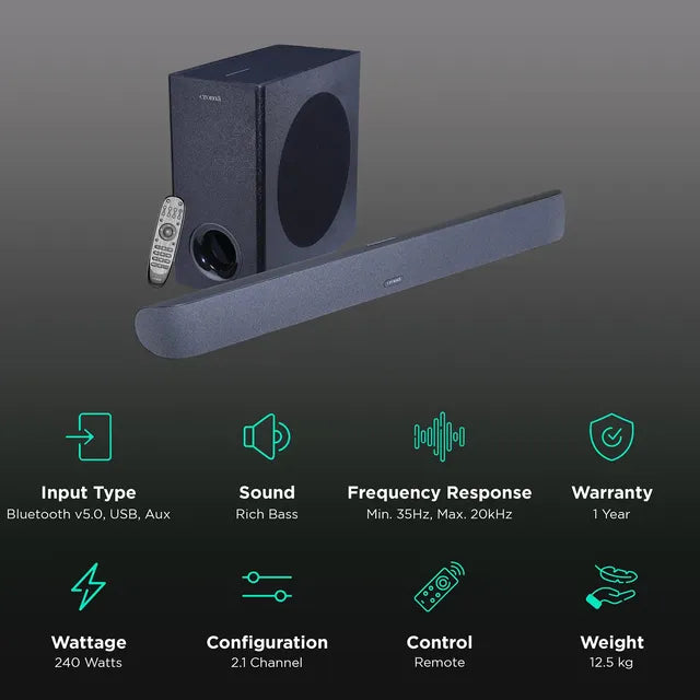 Croma 240W Bluetooth Soundbar with Remote (Rich Bass, 2.1 Channel, Black) (OPENBOX)