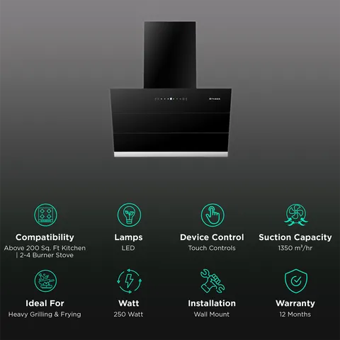 FABER ZENITH FL SC AC BK 60cm 1350m3/hr Ducted Auto Clean Wall Mounted Chimney with Touch Control (Black) (OPENBOX)