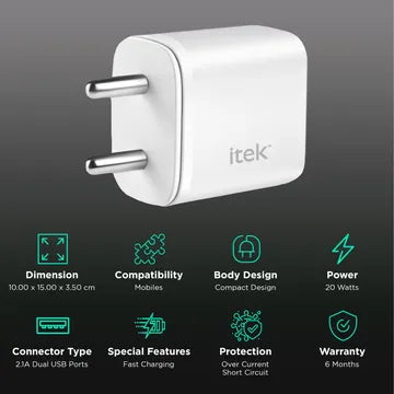 Itek 20W Type A & Type C 2-Port Fast Charger (Short-Circuit Protection, White) (OPENBOX)