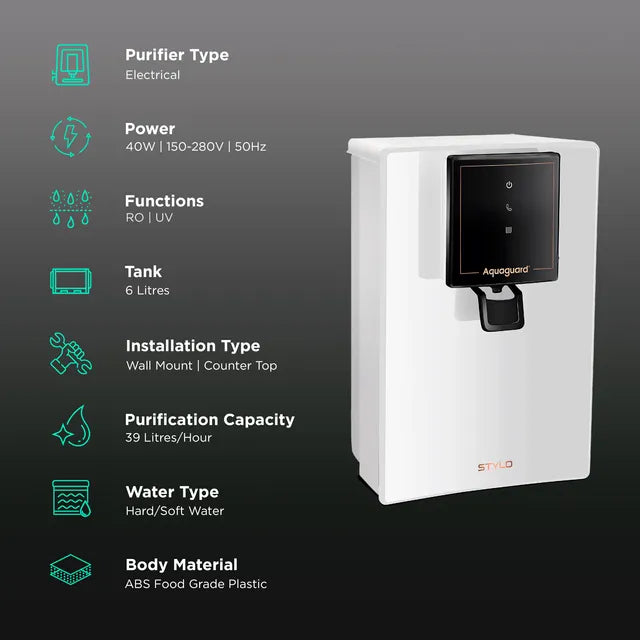 Aquaguard Stylo 6L RO + UV + MTDS Smart Water Purifier with Active Copper Zinc Booster Technology (White) (OPENBOX)