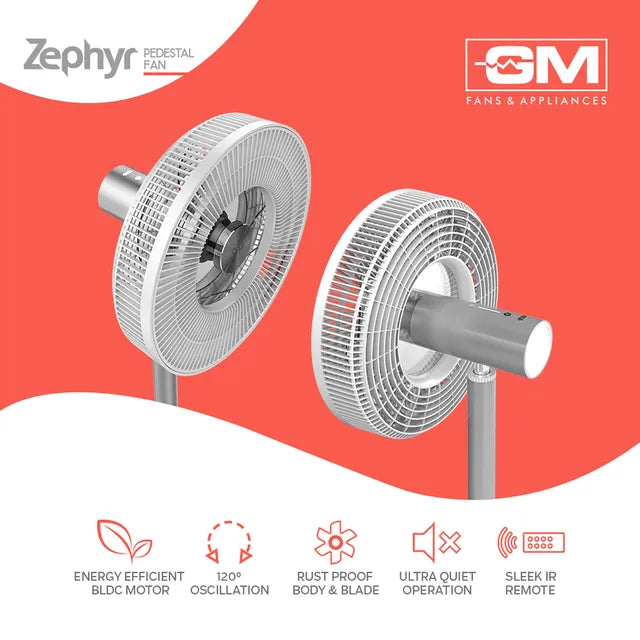 GM Zephyr 300mm 9 Blade BLDC Motor Pedestal Fan with Remote (Rust Resistant, White) (OPENBOX)