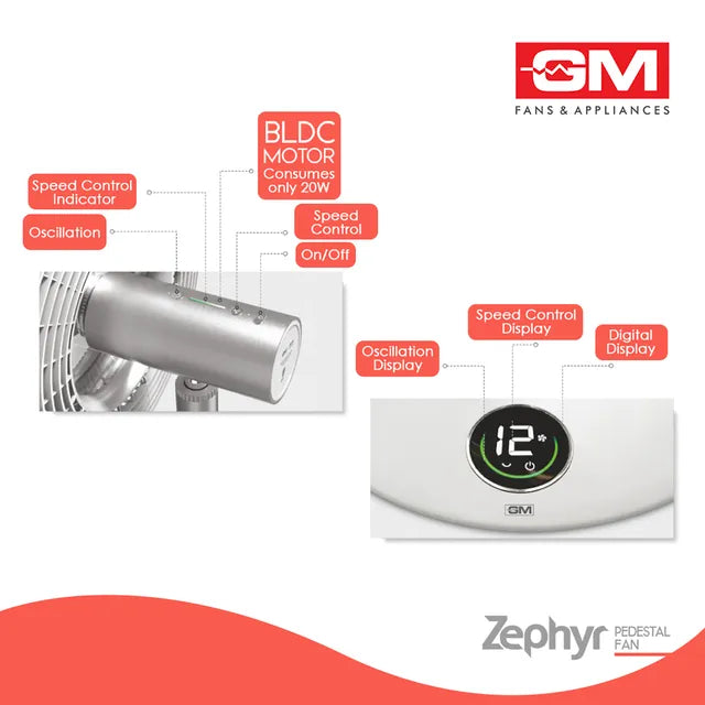 GM Zephyr 300mm 9 Blade BLDC Motor Pedestal Fan with Remote (Rust Resistant, White) (OPENBOX)