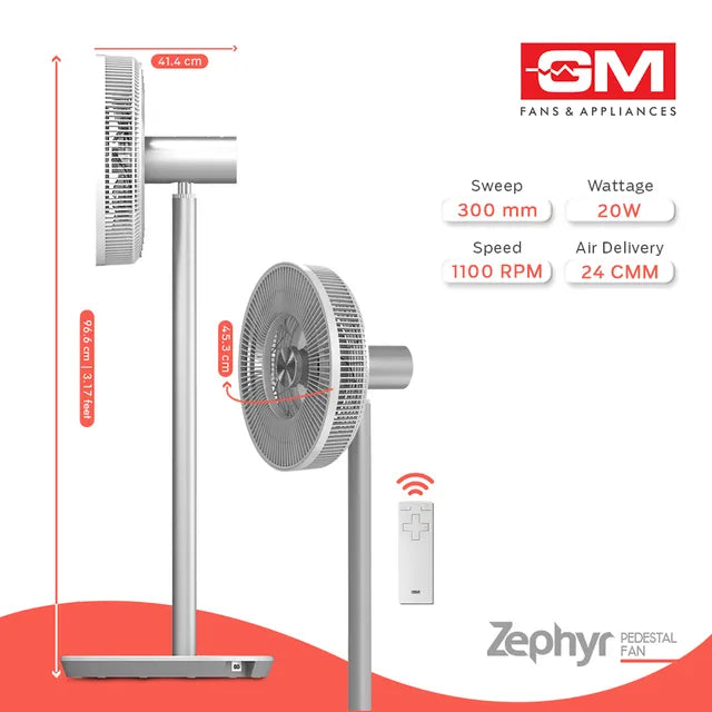GM Zephyr 300mm 9 Blade BLDC Motor Pedestal Fan with Remote (Rust Resistant, White) (OPENBOX)
