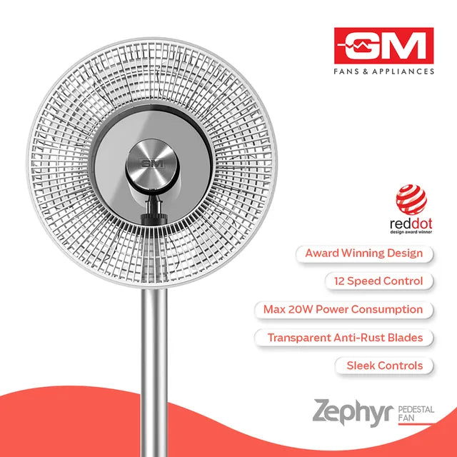 GM Zephyr 300mm 9 Blade BLDC Motor Pedestal Fan with Remote (Rust Resistant, White) (OPENBOX)
