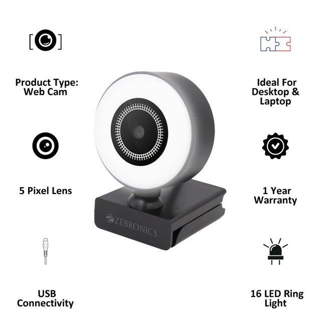 ZEBRONICS USB Web Cam (16 LED Ring Light, ZEB-Ultimate Star, Black) (OPENBOX)