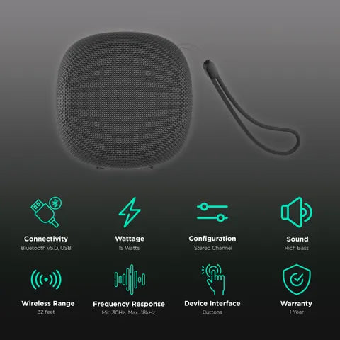 Croma 15W Portable Bluetooth Speaker (Rich Bass with Class D Amplifier, Stereo Channel, Black) (OPENBOX)