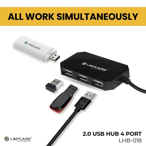LAPCARE 4-in-1 USB 2.0 Type A to USB 2.0 Type A USB Hub (Over-Current Protection, Black) (OPENBOX)