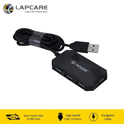 LAPCARE 4-in-1 USB 2.0 Type A to USB 2.0 Type A USB Hub (Over-Current Protection, Black) (OPENBOX)
