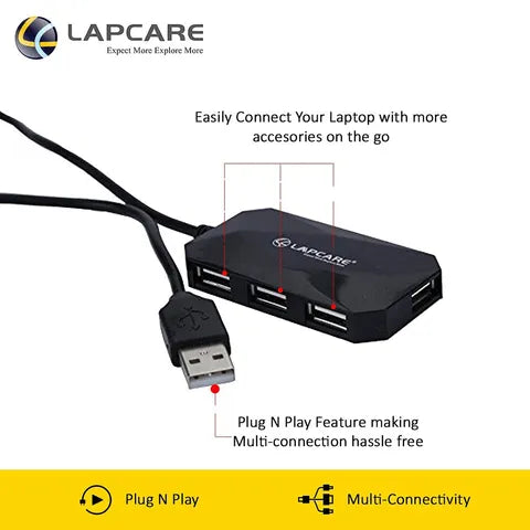 LAPCARE 4-in-1 USB 2.0 Type A to USB 2.0 Type A USB Hub (Over-Current Protection, Black) (OPENBOX)