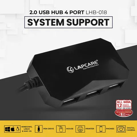 LAPCARE 4-in-1 USB 2.0 Type A to USB 2.0 Type A USB Hub (Over-Current Protection, Black) (OPENBOX)