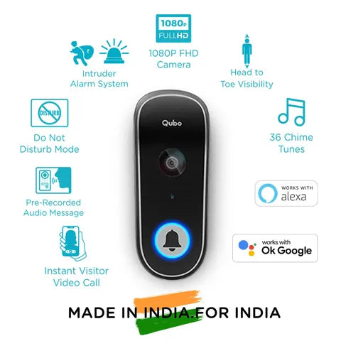 Qubo Wireless Video Door Bell (Person Detection, HCD01, Black) (OPENBOX)