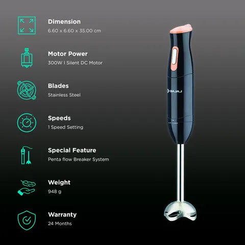 BAJAJ 300 Watt Hand Blender (Silent DC Motor, Black) (OPENBOX)
