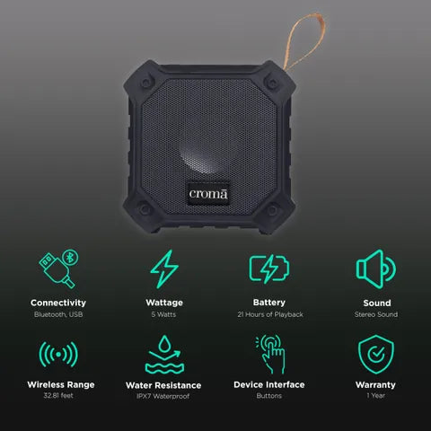 Croma 5W Portable Bluetooth Speaker (IPX7 Waterproof, High Bass, Black) (OPENBOX)