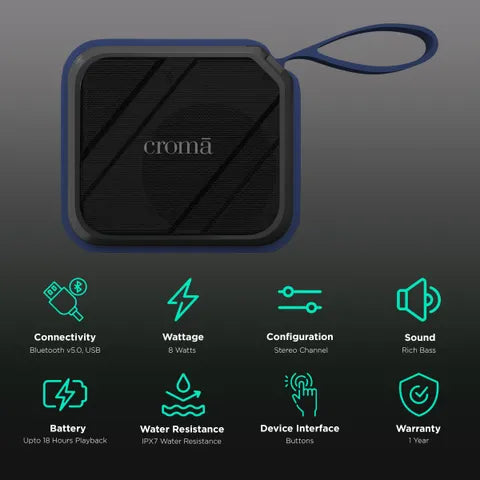 Croma 8W Portable Bluetooth Speaker (Water Resistant, Rich Bass, Stereo Channel, Blue) (OPENBOX)