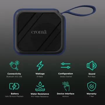 Croma 8W Portable Bluetooth Speaker (Water Resistant, Rich Bass, Stereo Channel, Blue) (OPENBOX)