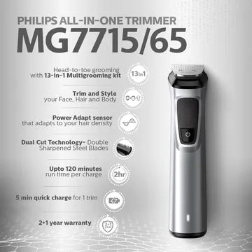 PHILIPS Series 7000 13-in-1 Rechargeable Cordless Grooming Kit for Face, Hair & Body for Men (120min Runtime, DualCut Technology, Silver) (OPENBOX)
