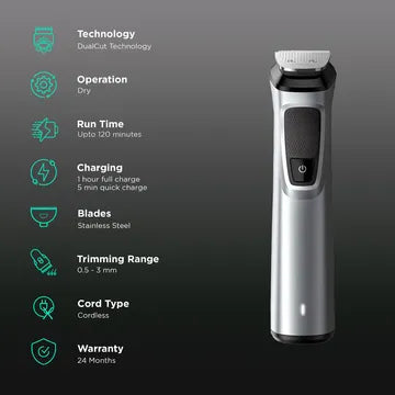 PHILIPS Series 7000 13-in-1 Rechargeable Cordless Grooming Kit for Face, Hair & Body for Men (120min Runtime, DualCut Technology, Silver) (OPENBOX)