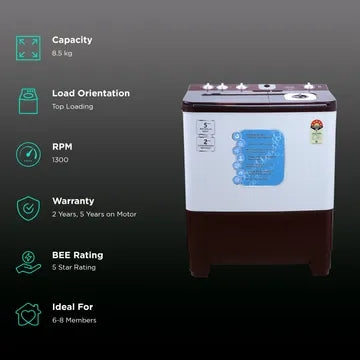 Croma 8.5 kg 5 Star Semi Automatic Washing Machine with Active Soak Function (CRLW085SMF231002, Burgundy) (OPENBOX)