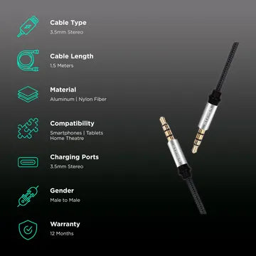 Hyphen 3.5mm Aux to 3.5mm Aux 4.9 Feet (1.5M) Cable (Black Cotton Braided, Black) (OPENBOX)