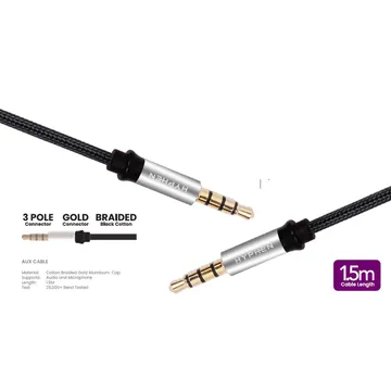 Hyphen 3.5mm Aux to 3.5mm Aux 4.9 Feet (1.5M) Cable (Black Cotton Braided, Black) (OPENBOX)