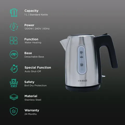 Croma 1L Stainless Steel Kettle (CRSK01LKTA006601) (OPENBOX)