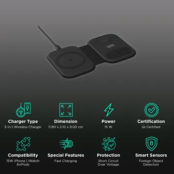 Croma 15W 3-in-1 Wireless Charger for iPhone 14, 14 Pro, 15, 15 Pro, iWatch 4, 5, 6, 7, 8 & AirPods 2, 3, Pro (Qi Compatible, Apple Compatible, Black) (OPENBOX)