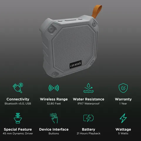 Croma 5W Portable Bluetooth Speaker (Water Proof, 21 Hours Playback Time, True Wireless Stereo Function, Grey) (OPENBOX)