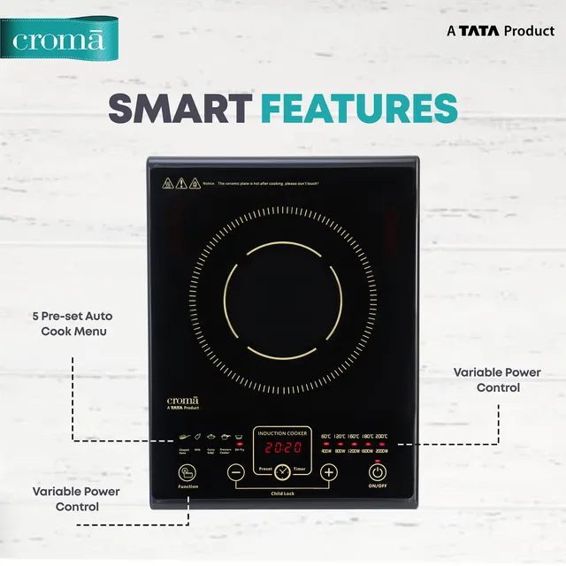 Croma 2000W Induction Cooktop with 5 Preset Menus (OPENBOX)