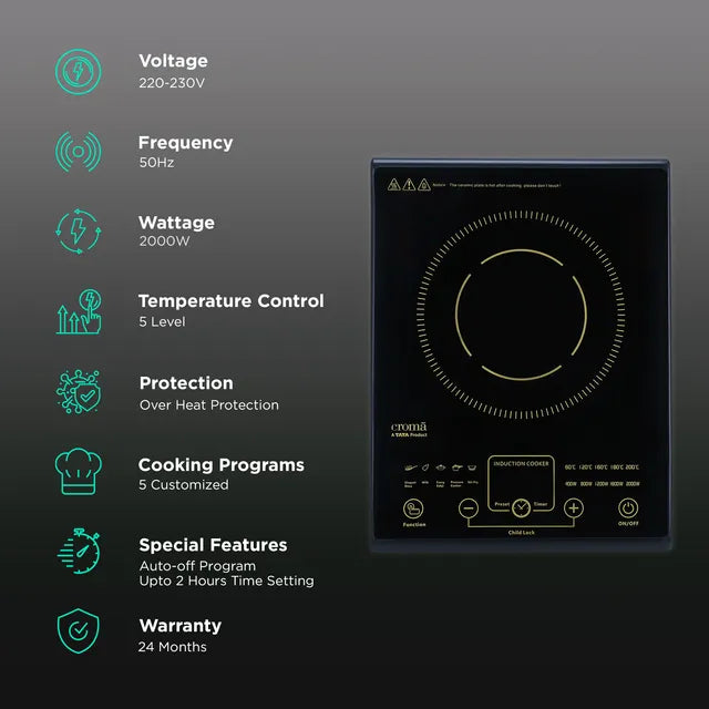 Croma 2000W Induction Cooktop with 5 Preset Menus (OPENBOX)
