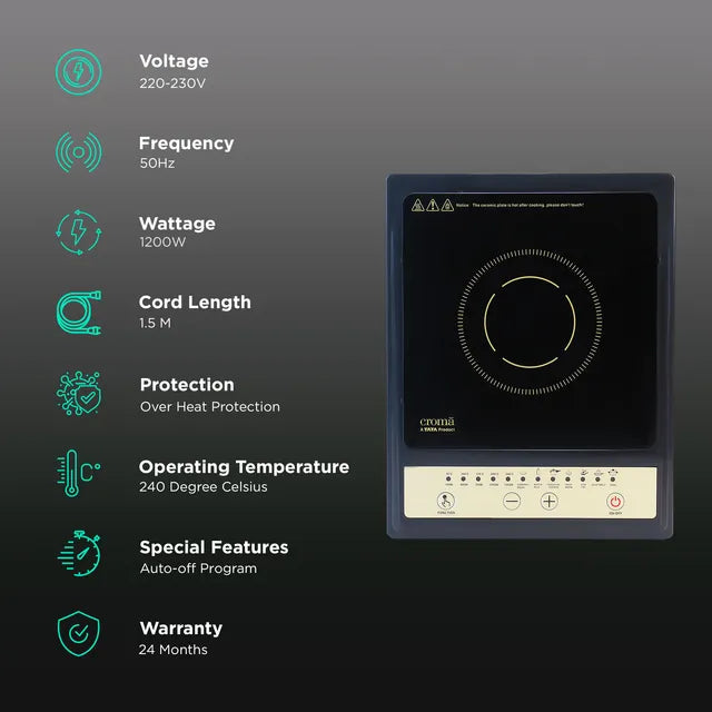 Croma 1200W Induction Cooktop with 7 Preset Menus (OPENBOX)