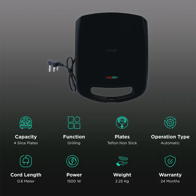 Croma 1500W 4 Slice Sandwich Maker with Auto Shut Off (Black) (OPENBOX)