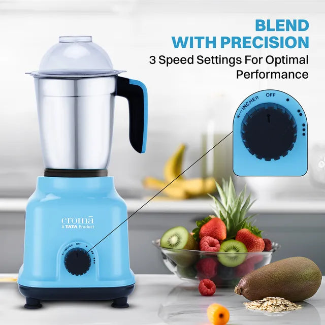 Croma 500 Watt 3 Jars Mixer Grinder (19000 RPM, Shock Proof Body, Blue) - OPEN BOX