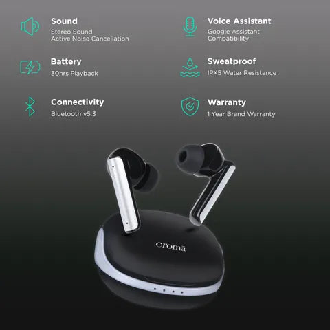 Croma TWS Earbuds with Active Noise Cancellation (IPX5 Water Resistant, Fast Charging Support, Black and Grey) (OPENBOX)