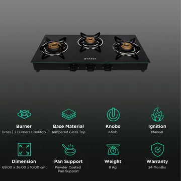 Faber Marvel 3BB BK Tempered Glass Top 3 Burner Manual Gas Stove (Scratch Resistant, Black) (OPENBOX)