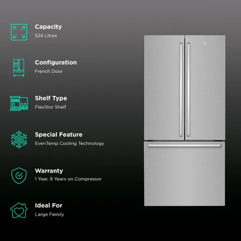 Electrolux UltimateTaste 700 524 Litres Frost Free French Door Refrigerator with NutriFresher Inverter Compressor (EHE5224C-A NIN, Arctic Silver) ( OPENBOX)