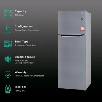 LG 288 Litres 2 Star Frost Free Double Door Convertible Refrigerator with Multi Air Flow (GL-S322SPZY.APZZEB, Shiny Steel) (OPENBOX)