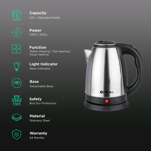 BAJAJ KTX 1500 Watt 1.8 Litre Electric Kettle with Concealed Heating Element (Black) (OPENBOX)
