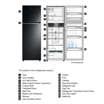 Electrolux 341 Litres 2 Star Frost Free Double Door Refrigerator (Black Steel) (OPENBOX)