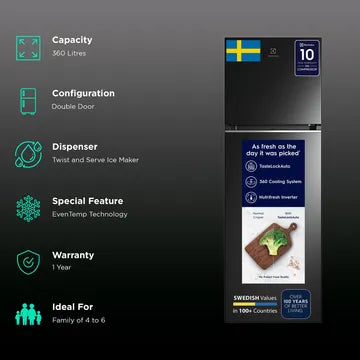 Electrolux 341 Litres 2 Star Frost Free Double Door Refrigerator (Black Steel) (OPENBOX)