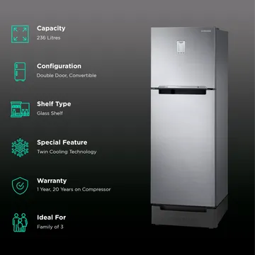 Samsung 236 Litres 2 Star Auto Defrost Double Door Convertible Refrigerator with Convertible Freezer (RT28C3832S8/HL, Elegant Inox) (OPENBOX)