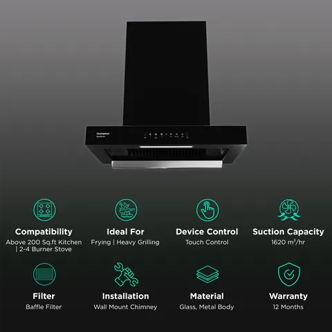 Crompton SensoSmart 60cm 1620m3/hr Ducted Auto Clean Wall Mounted Chimney with Touch Control Panel (Midnight Black) (OPENBOX)
