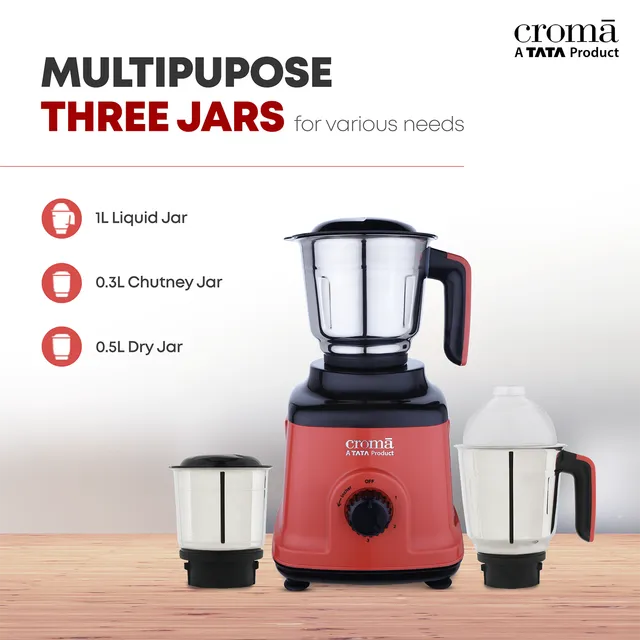 Croma 750 Watt 3 Jars Mixer Grinder (20000 RPM, Overload Protection, Red & Black) - OPEN BOX