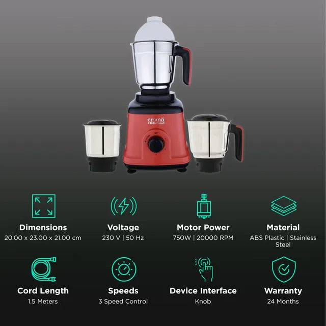 Croma 750 Watt 3 Jars Mixer Grinder (20000 RPM, Overload Protection, Red & Black) - OPEN BOX