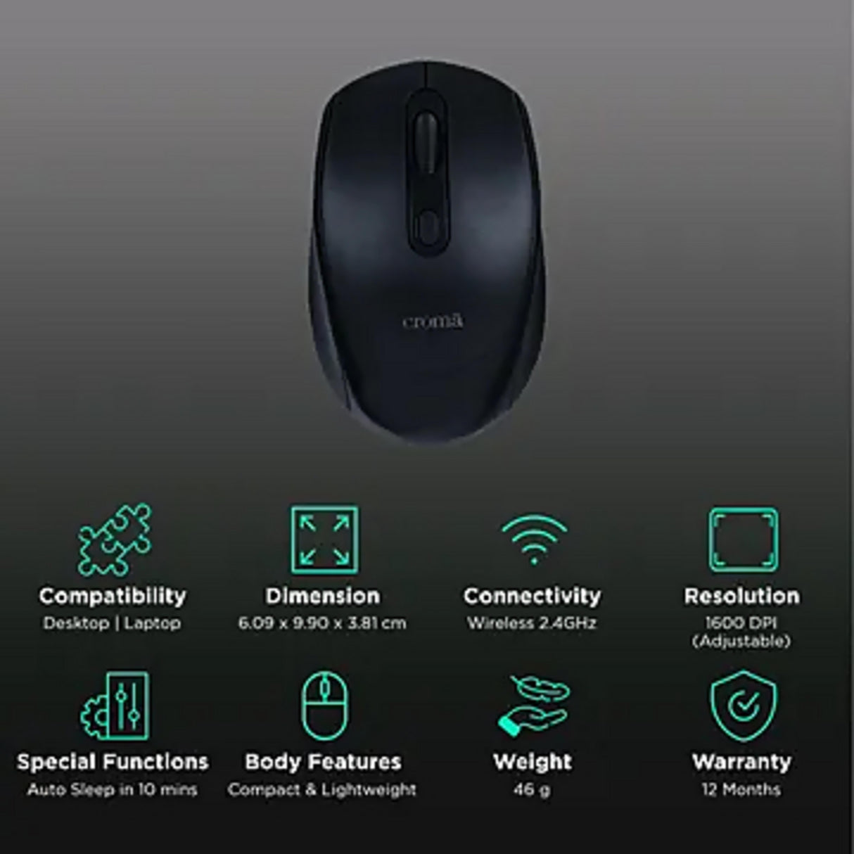 Croma Wireless Optical Mouse (Variable DPI Up to 1600, Compact & Lightweight Design, Black) (OPENBOX)