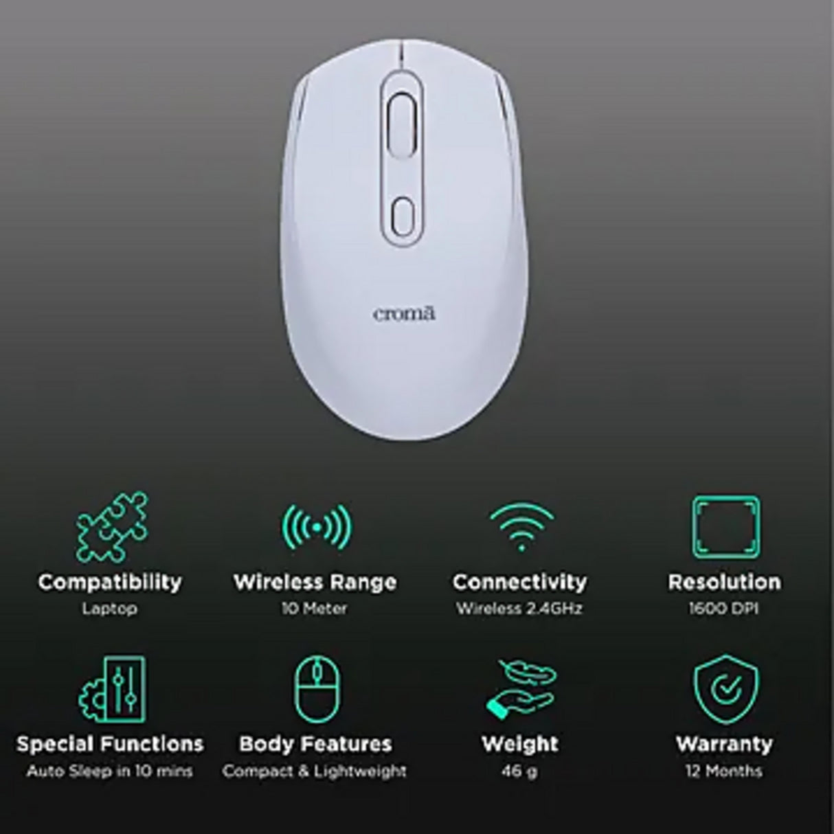 Croma Optical Wireless Mouse (1600 DPI, White) (OPENBOX)